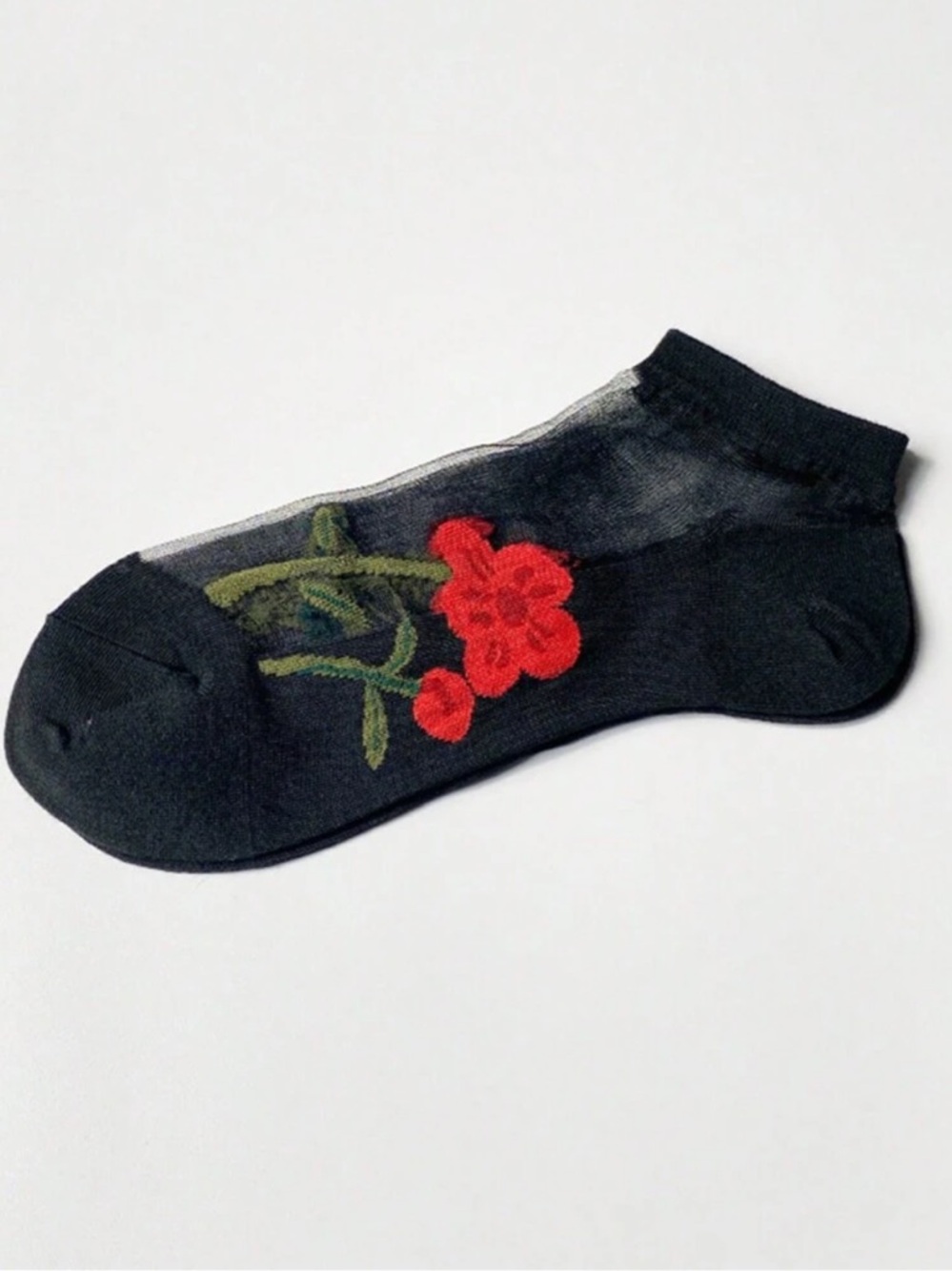Sheer Ankle Sock with Red Floral Embroidery
